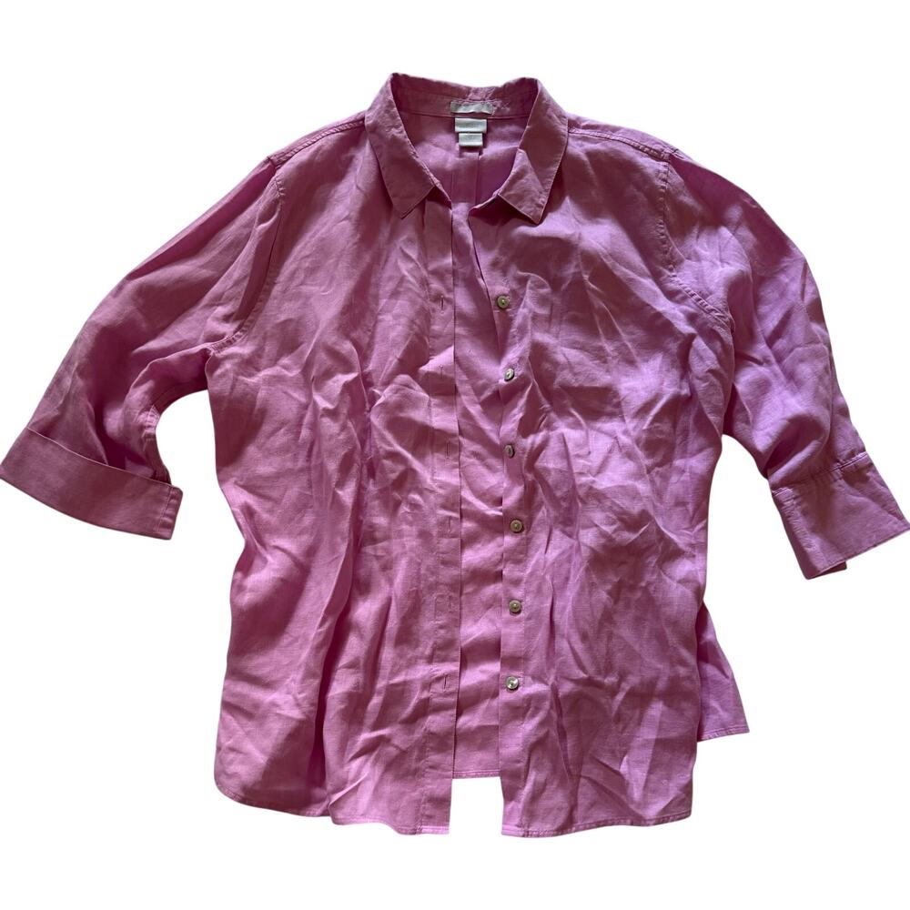 Chico's 100% Linen Pink 3/4 Sleeve Button Down Shirt Women's Size 2.5 US 14